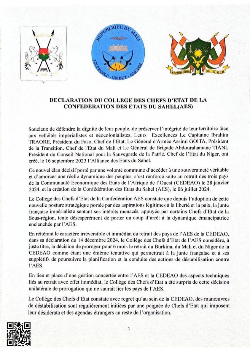 Declaration du College des chefs dEat de la Confederation des Etats du Sahel AES 1
