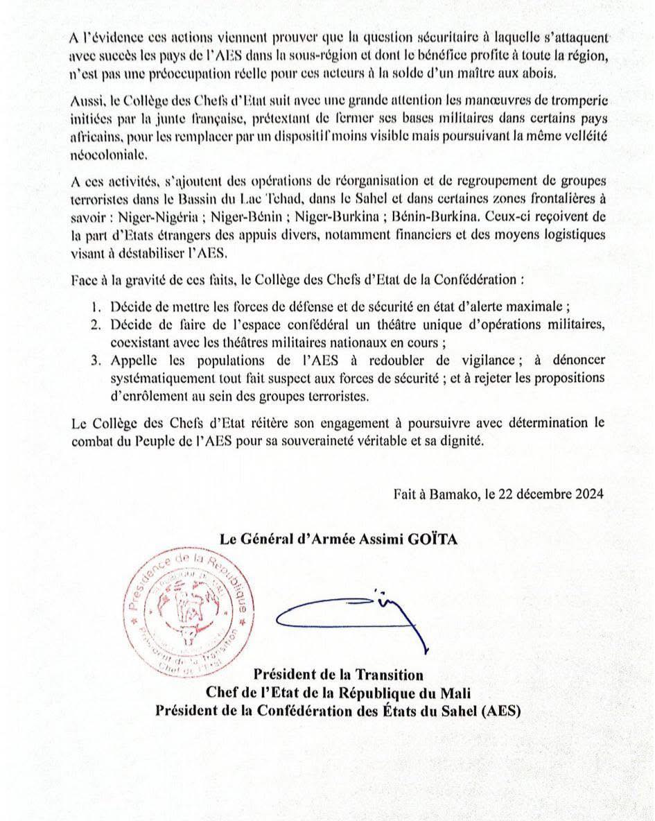 Declaration du College des chefs dEat de la Confederation des Etats du Sahel AES 2
