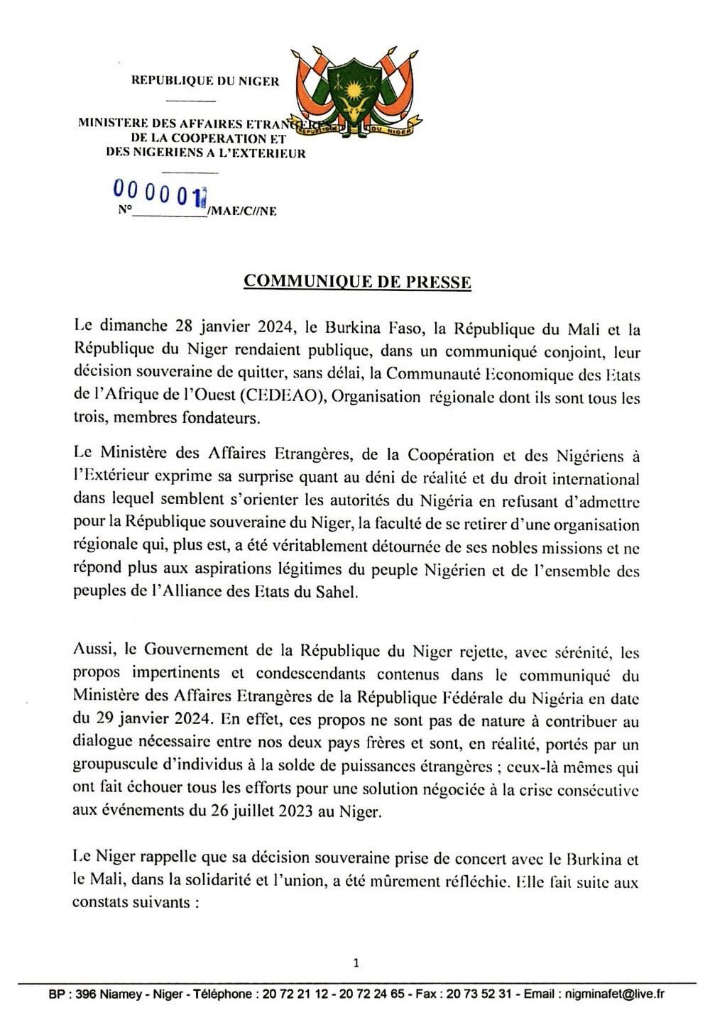 communique de presse du ministere des affaires etrangeres maec niger sur le retrait du niger du burkina faso et du mali de la cedeao